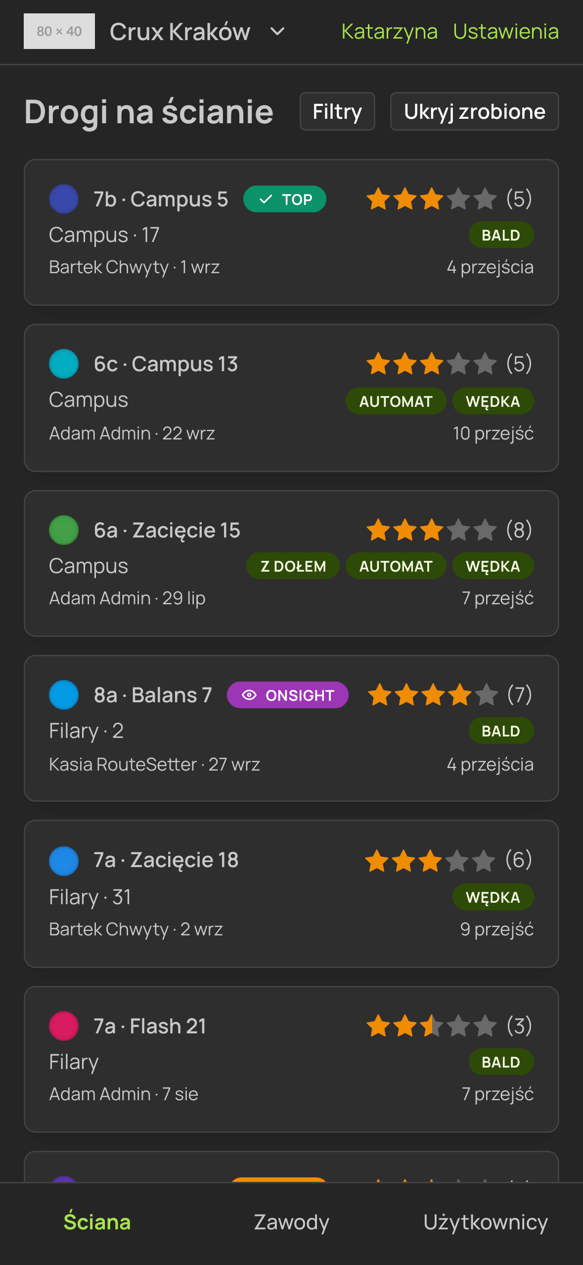 Aplikacja wspinacza — lista dróg na ścianie