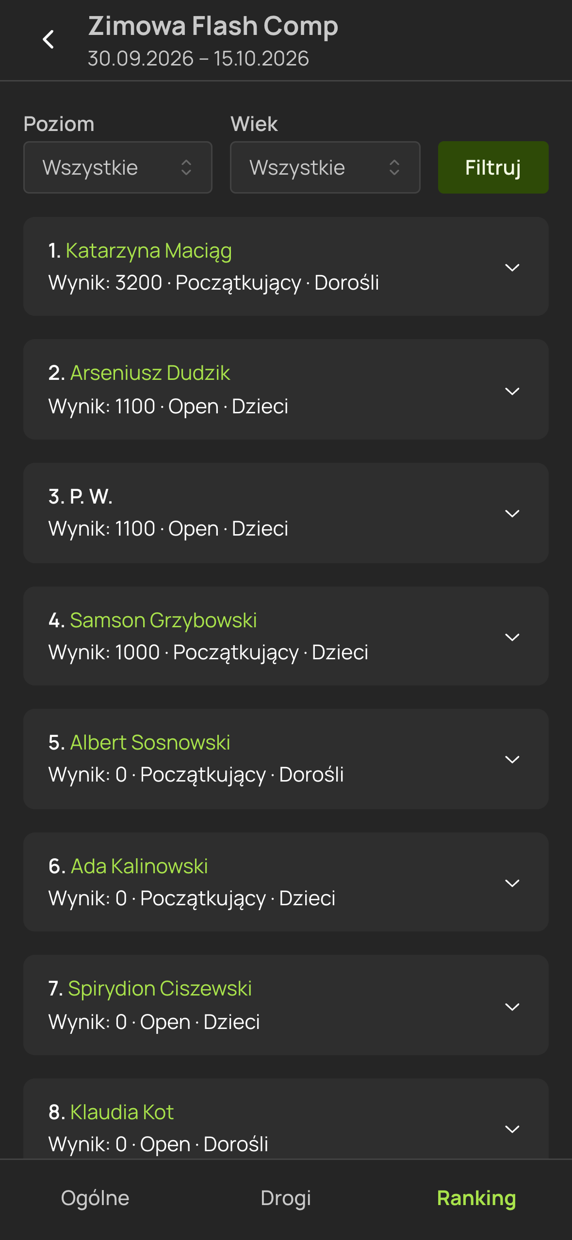 Aplikacja wspinacza — ranking zawodów