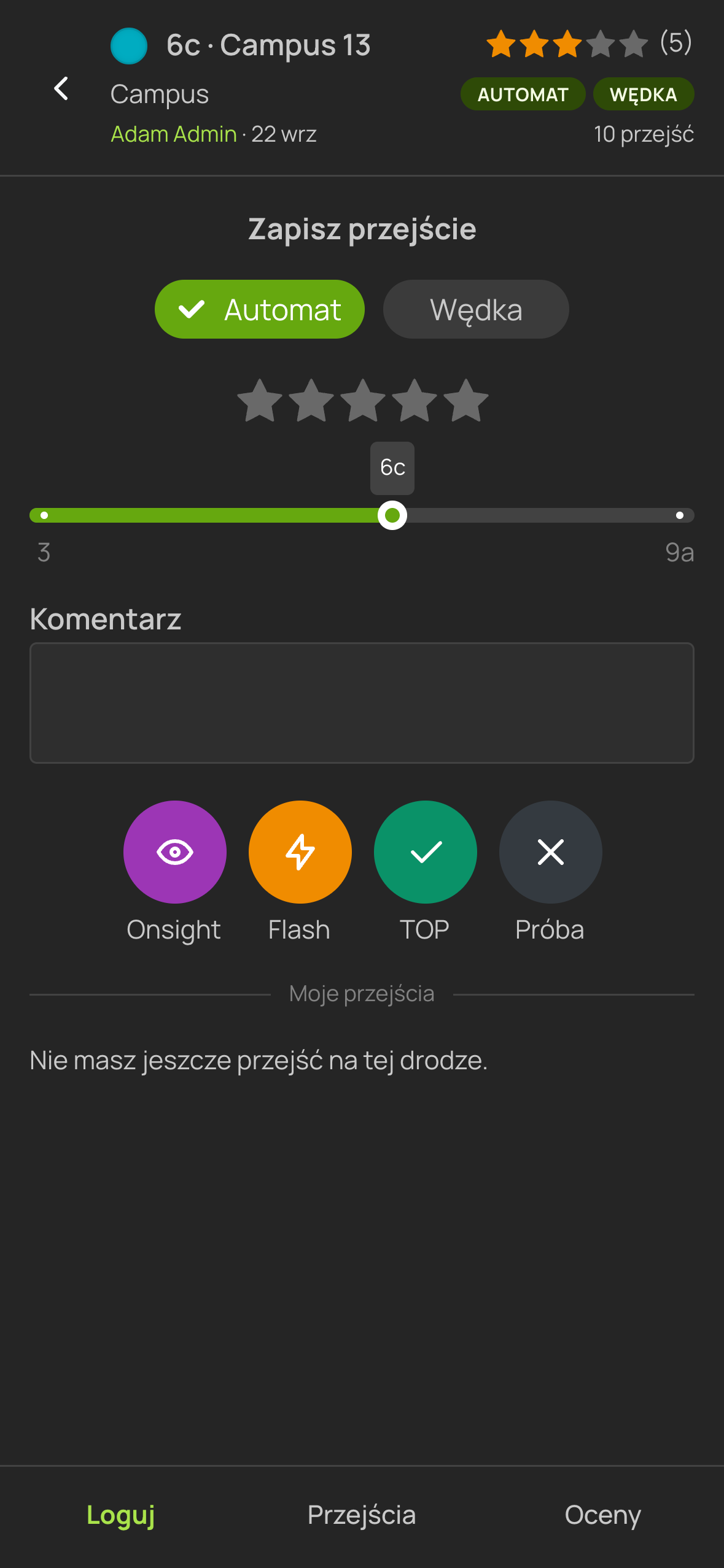 Aplikacja wspinacza — zapisywanie przejścia